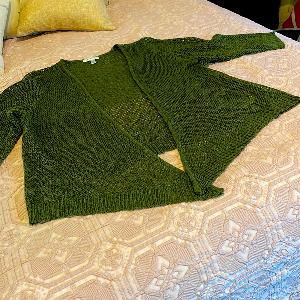 Summer sweater.  Olive green. Can be worn tied at bottom or loose